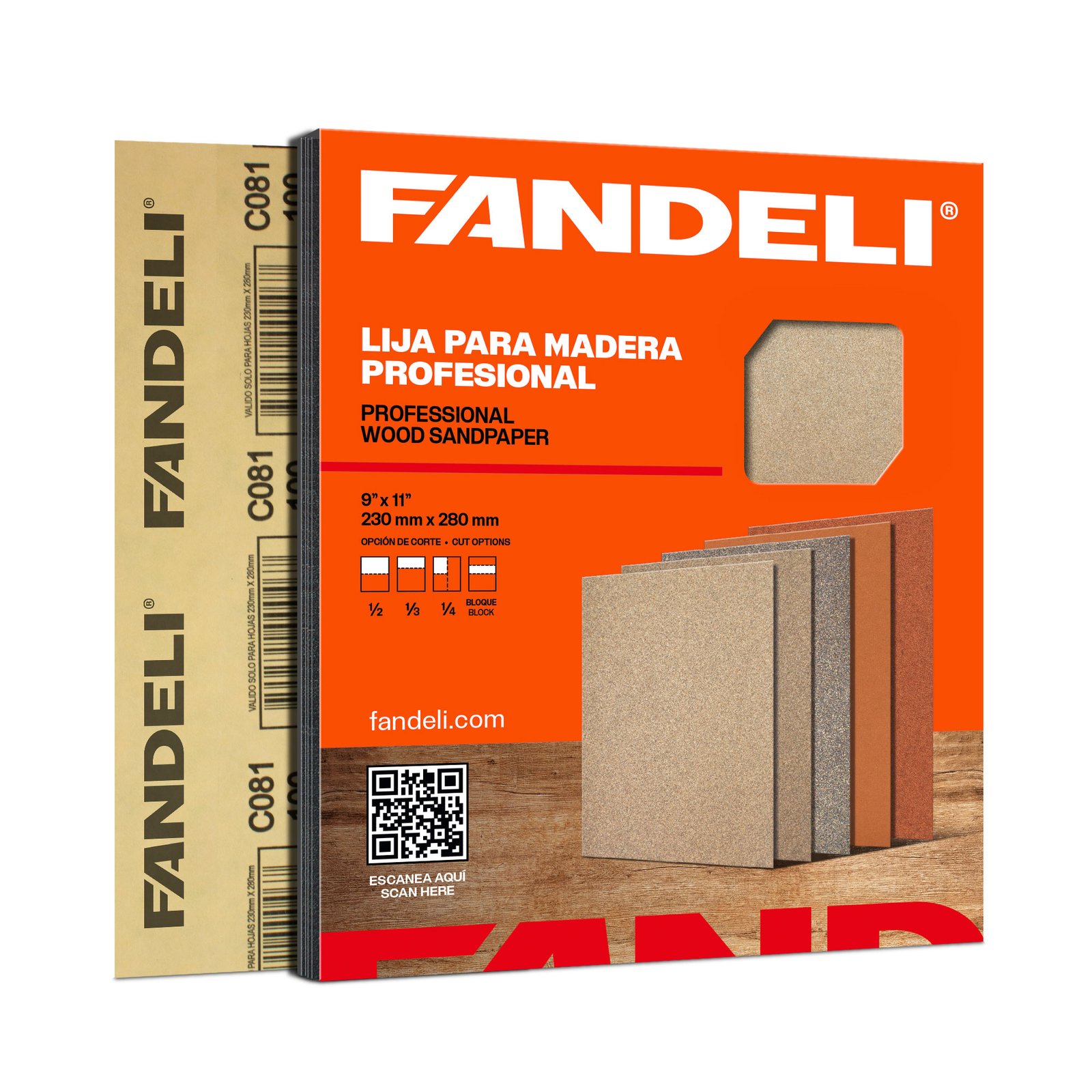 Caja de lija de madera FANDELI con distintos tipos de lijas para madera y lija gruesa para madera